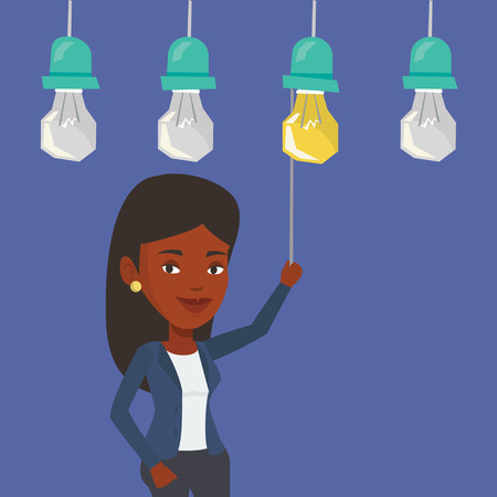 66184106 - an african-american business woman switching on hanging idea light bulb. young cheerful business woman pulling a light switch. business idea concept. vector flat design illustration. square layout. - Five point checklist: Can my business idea really make me money?