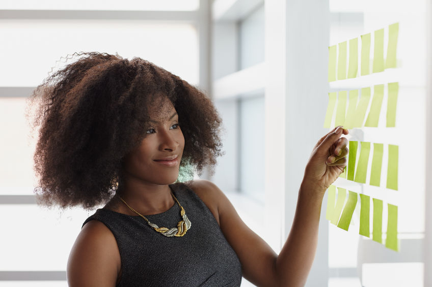 43683165 - friendly african american executive business woman brainstorming using green adhesive notes in a modern white office How to stop business ideas from derailing you